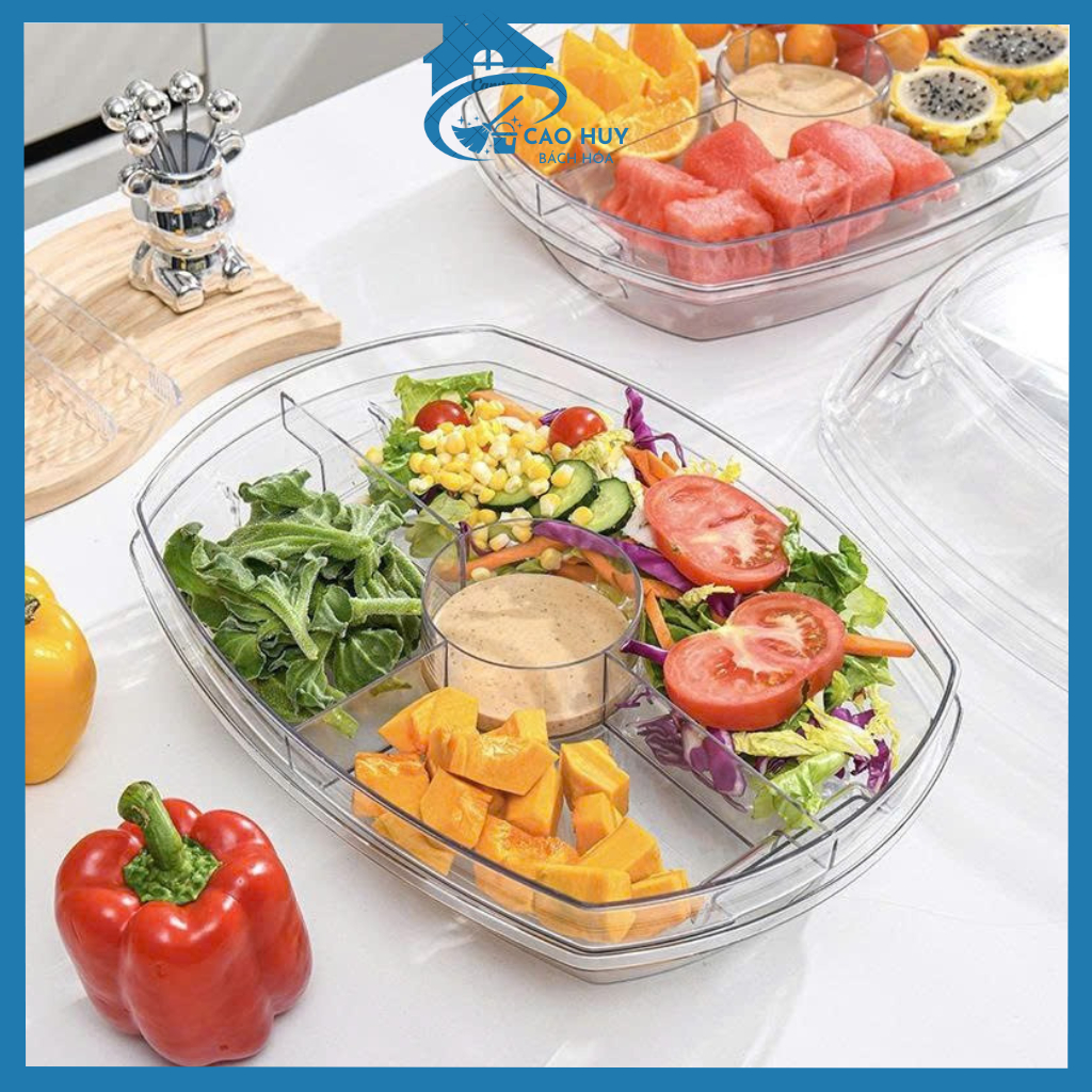 Khay Nhựa 3 Tầng Có Nắp Giữ Lạnh, Hộp Đựng Thức Ăn Salad Trái Cây Rau Củ An Toàn Tiện Lợi