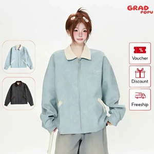 Áo khoác da GRADPO cao cấp màu xanh, phong cách Mỹ thời trang công sở, dáng rộng thoải mái AK156