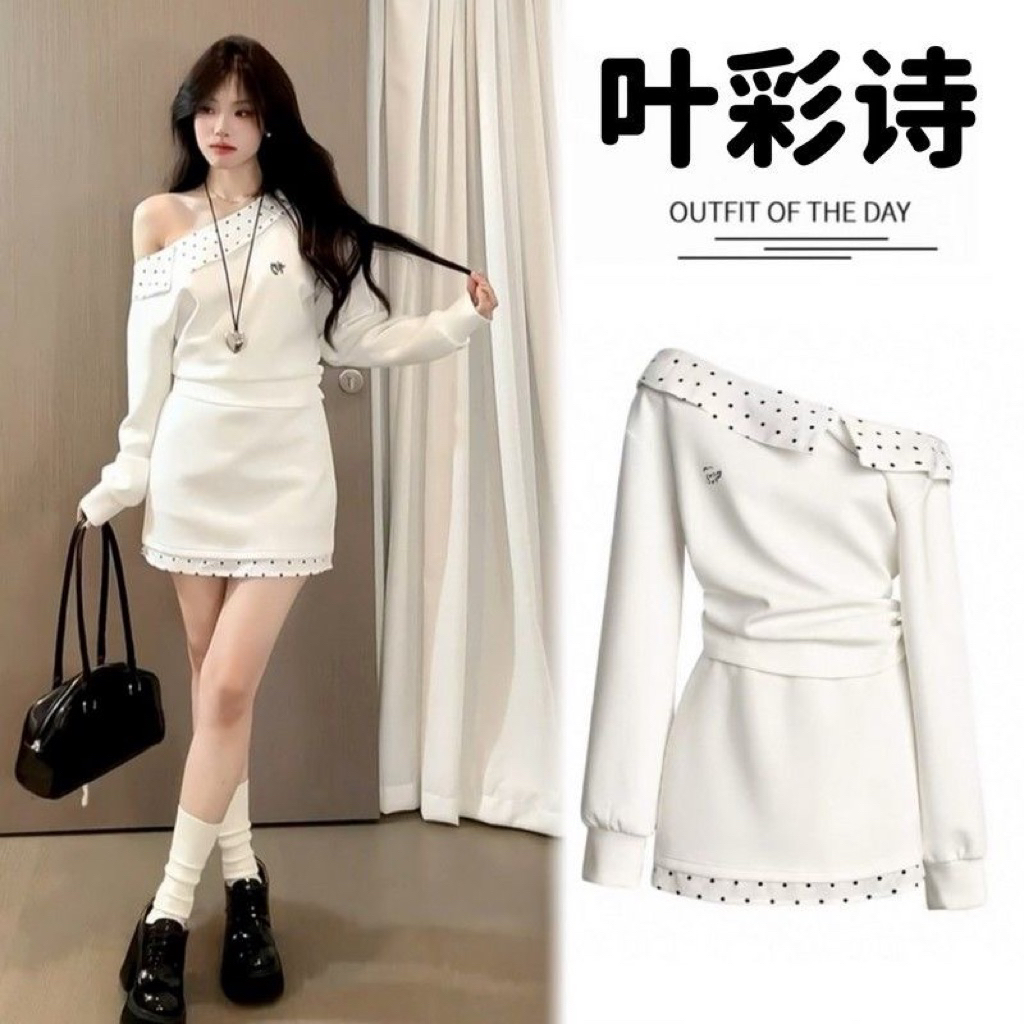 Set Áo Vai Lệch Trắng Chấm Bi + Chân Váy Ôm – Thanh Lịch Chuẩn Gái Hàn 💫