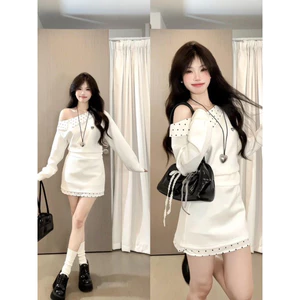 Set Áo Vai Lệch Trắng Chấm Bi + Chân Váy Ôm – Thanh Lịch Chuẩn Gái Hàn 💫