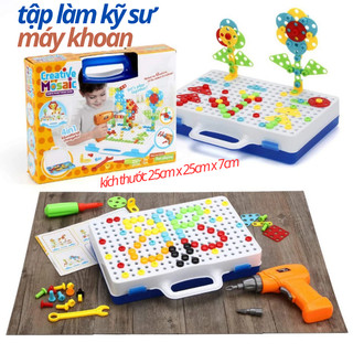 Đồ chơi lắp ráp-Đồ chơi lắp trí tuệ- Đồ chơi tập làm kỹ thuật, máy khoan 4 trong 1, bảng to 25cm x 25cm x 7cm