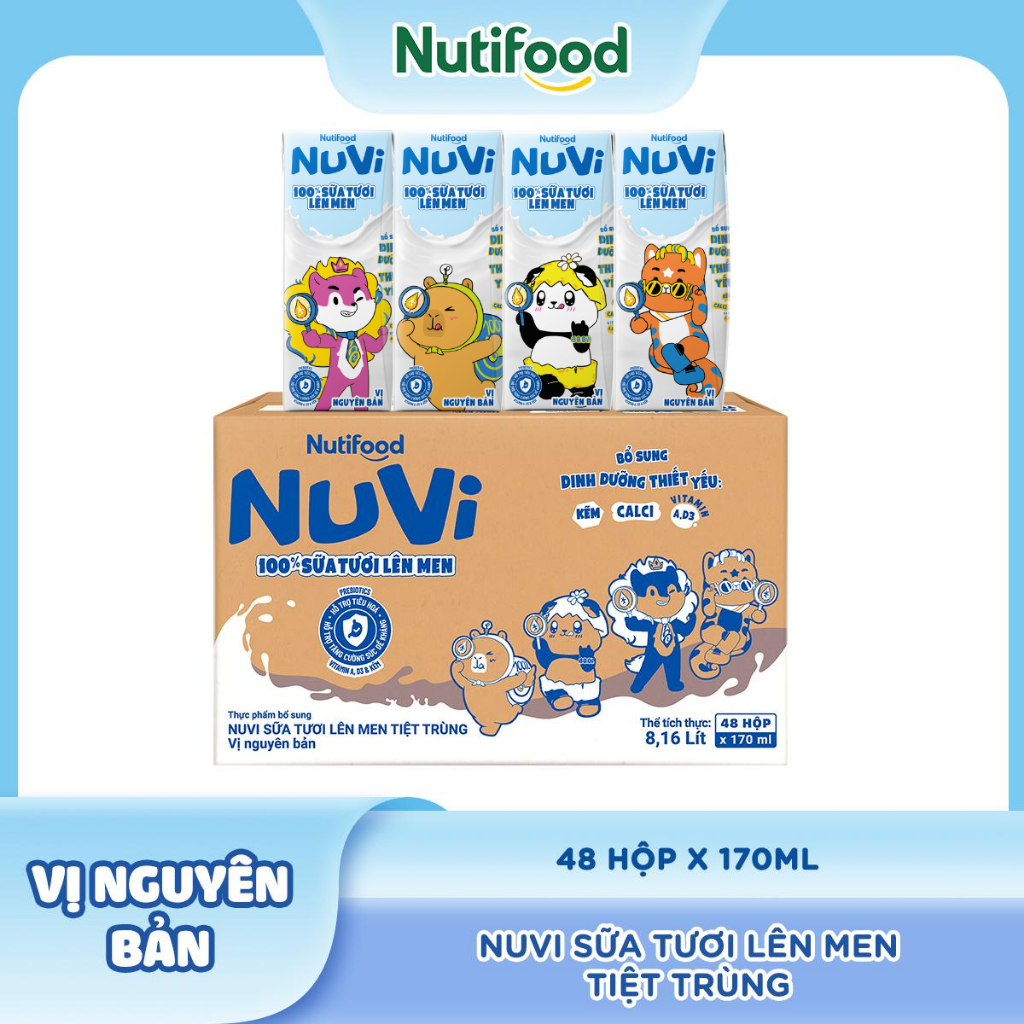 [KOL] Thùng 48 Hộp Sữa Tươi Lên Men Tiệt Trùng NuVi 170ml