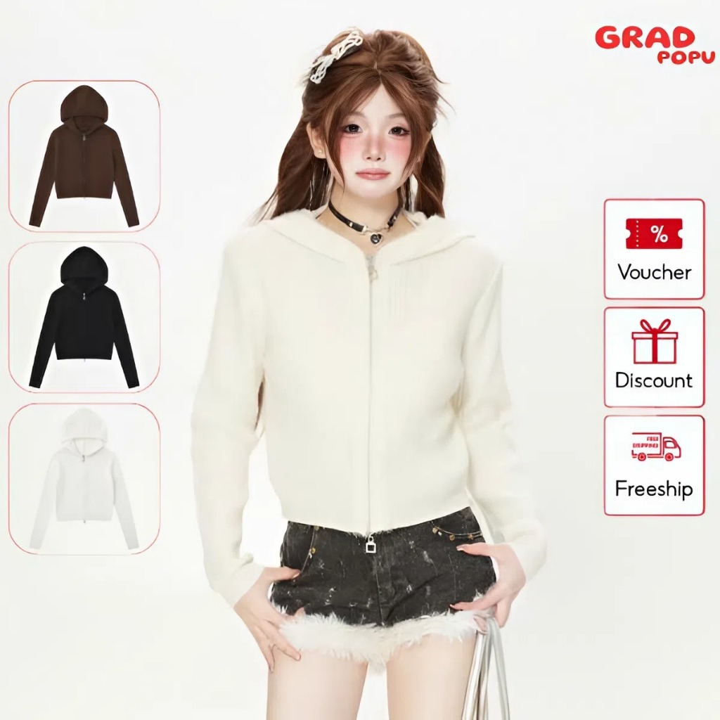 Áo len nữ GRADPOPU hình gấu dễ thương có mũ trùm đầu, áo khoác len ngắn viền tua rua mềm mại AK149