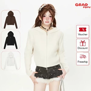 Áo len nữ GRADPOPU hình gấu dễ thương có mũ trùm đầu, áo khoác len ngắn viền tua rua mềm mại AK149