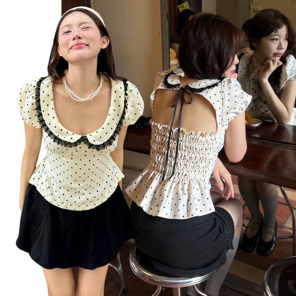 Áo Kiểu Tiểu Thư Cổ Sen Viền Ren Chấm Bi Cộc Tay Chiết Eo Form Ôm Chun Lưng SAN Clothings - P169
