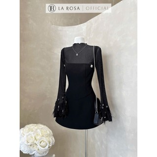 Set Yếm Dáng Chữ A Thanh Lịch  La Rosa Áo Thun Dài Tay Đính Lông Phối Yếm Dáng Ngắn Đính Đá Nổi Bật S966