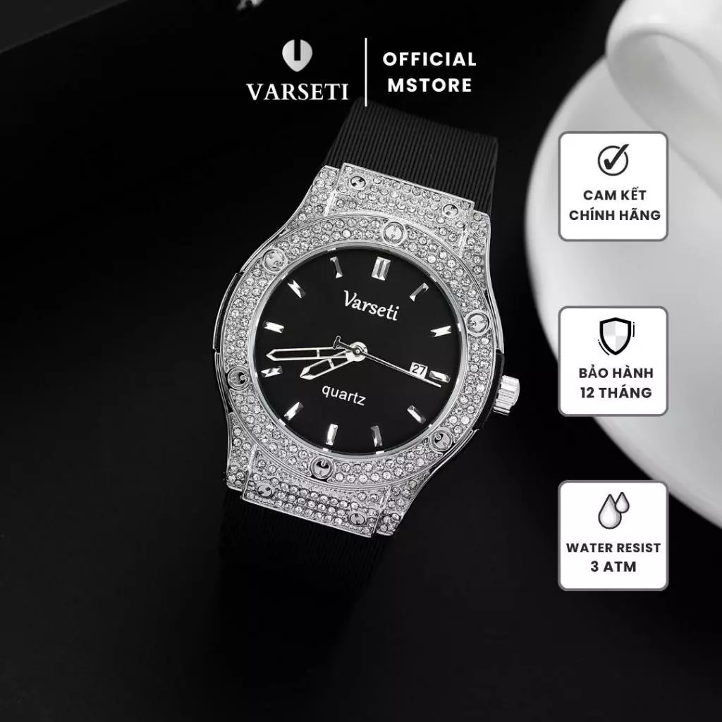 Đồng Hồ Nam Varseti M102 Máy Pin Mặt Full Đá Dây Silicon Thơm Vani