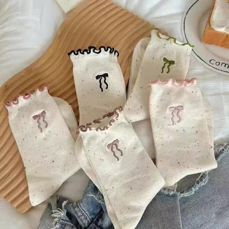 [XẢ KHO] Combo 10c Vớ Tất Nữ, Vớ Tất Cổ Cao Chất Cotton  Thêu Nơ Phối Viền Bèo Nhún Cổ Chân Phong Cách Hàn Quốc