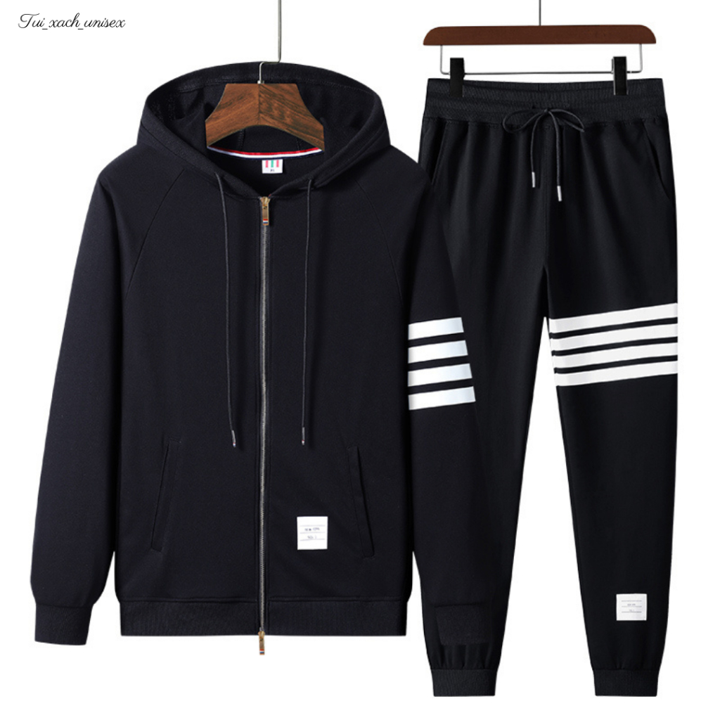 Bộ nỉ Bốn Sọc Viền Tay đen phối trắng Chất Nỉ mặc ấm thu đông nam nữ - UNISEX k1