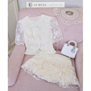 Set Váy Ren Tiểu Thư La Rosa Áo Dáng Ngắn Cổ Tròn, Tay Bồng Đính Cúc Nổi Bật Mix Chân Váy Xếp Ly Nhún Bèo Tôn Dáng S972