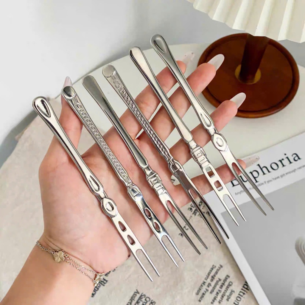 Dụng Cụ Ghim Thức Ăn, Nĩa Hoa Qủa Inox Cao Cấp Set 6 Nĩa Ăn Hoa Quả