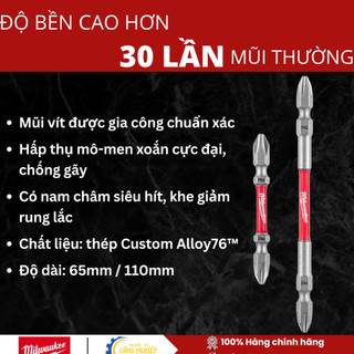 Đầu vặn vít ngắn PH2 65mm Milwaukee. MŨI SIÊU BỀN GẤP 30 MŨI THƯỜNG