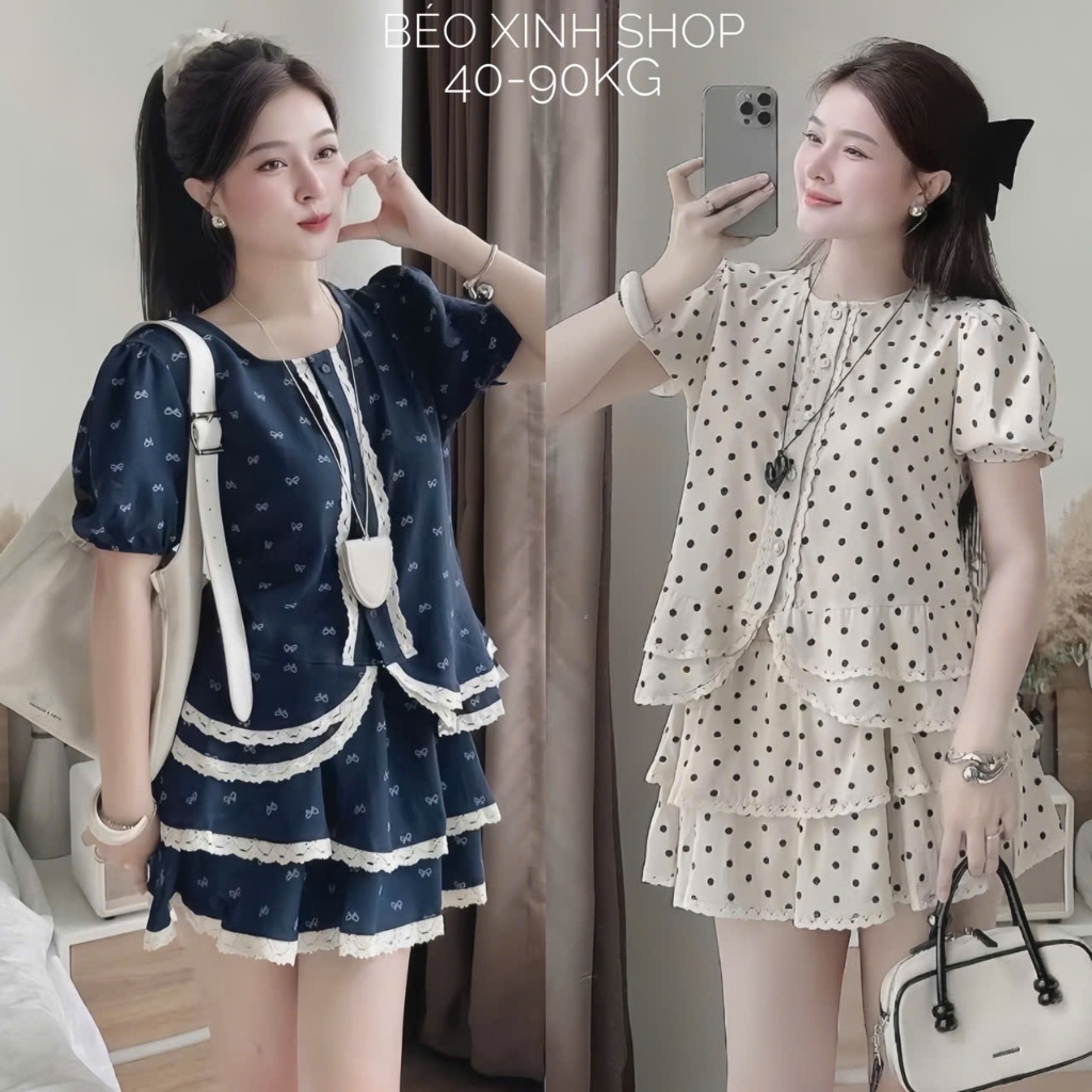 Set Váy Áo Dự Tiệc Nữ Tiểu Thư Vải Cotton Lạnh Chấm Bi Cao Cấp Thanh Lịch Cho Các Nàng Bigsize 40–90kg - A.1584