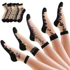 Set 5 Đôi Tất Lưới Cổ Cao Nữ Trong Suốt Thoáng Khí NIVRA In Họa Tiết Hoa Phong Cách Cổ Điển