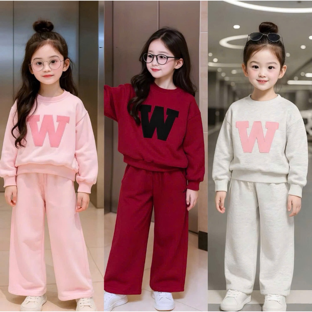 Quần áo bé gái - BỘ NỈ QUẦN XUÔNG CHỮ W SIÊU XINH CHO BÉ 1-8 Tuổi