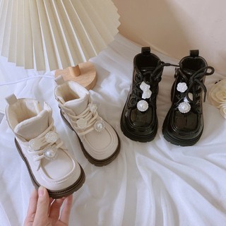 Mới Sz 23-35 Bốt Da Bóng Lót Lông Phối Stick Đá Hoa Hồng Cho Bé Gái K077