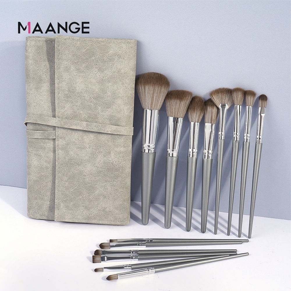 MAANGE Bộ Cọ Trang Điểm 14 Cây Cán Bạc Cao Cấp Lông Siêu Mịn Có Bao Da Nhỏ Gọn 1414