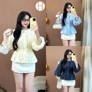 Áo sơ mi Hari Xếp Ly Trước Viền Bèo Chun Eo Tay Bồng Cúc Dọc Áo Công Sở Thanh Lịch Cinched Waist