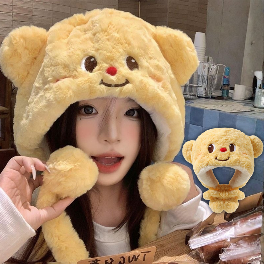 Mũ Lông Tai Gấu Cử Động Dễ Thương, Mũ Kèm Khăn Siêu Ấm Chất Lông Mịn Cao Cấp