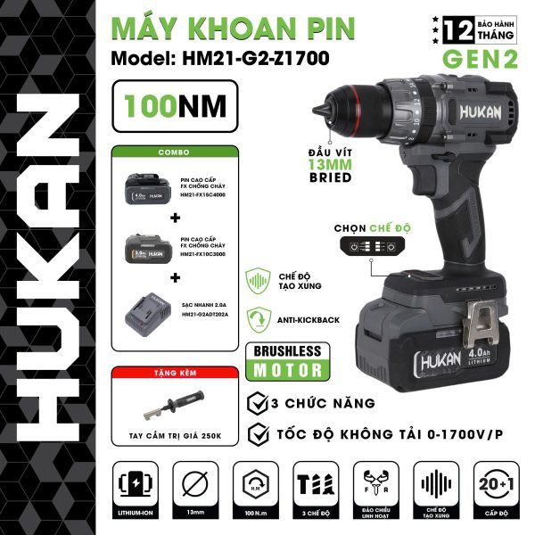 Máy Khoan Đầu 13mm HUKAN G2-Z1700| Lực Siết 100N.m, 3 Chức Năng Khoan/Vít/Búa, Anti Kickback, Tạo Xung,Động Cơ KCT
