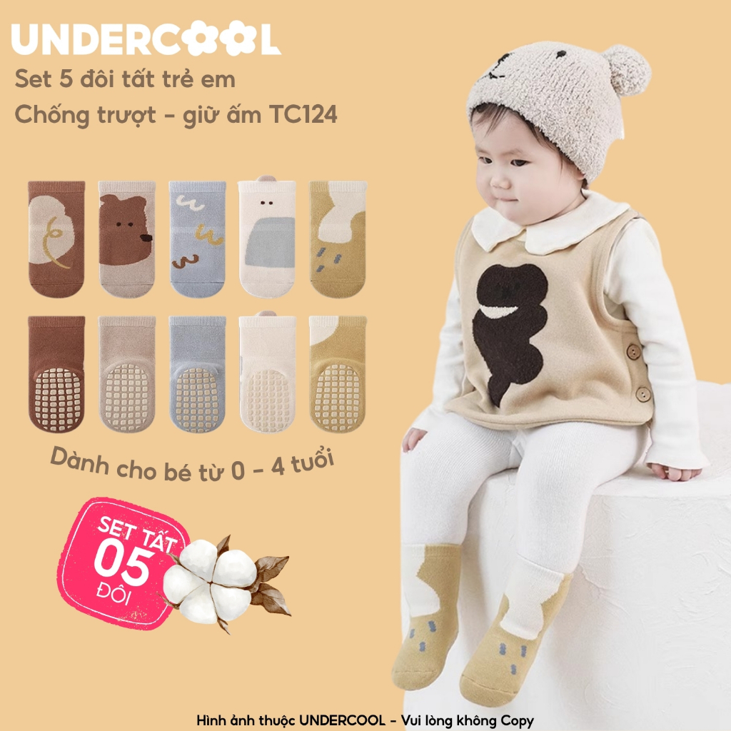 Set 5 đôi tất chống trượt cho bé tập đi họa tiết gấu UNDERCOOL combo 5 đôi Vớ trẻ em 0-4 tuổi giữ ấm co giãn TC124