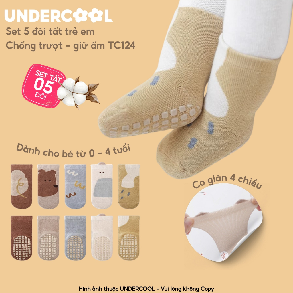 Set 5 đôi tất chống trượt cho bé tập đi họa tiết gấu UNDERCOOL combo 5 đôi Vớ trẻ em 0-4 tuổi giữ ấm co giãn TC124