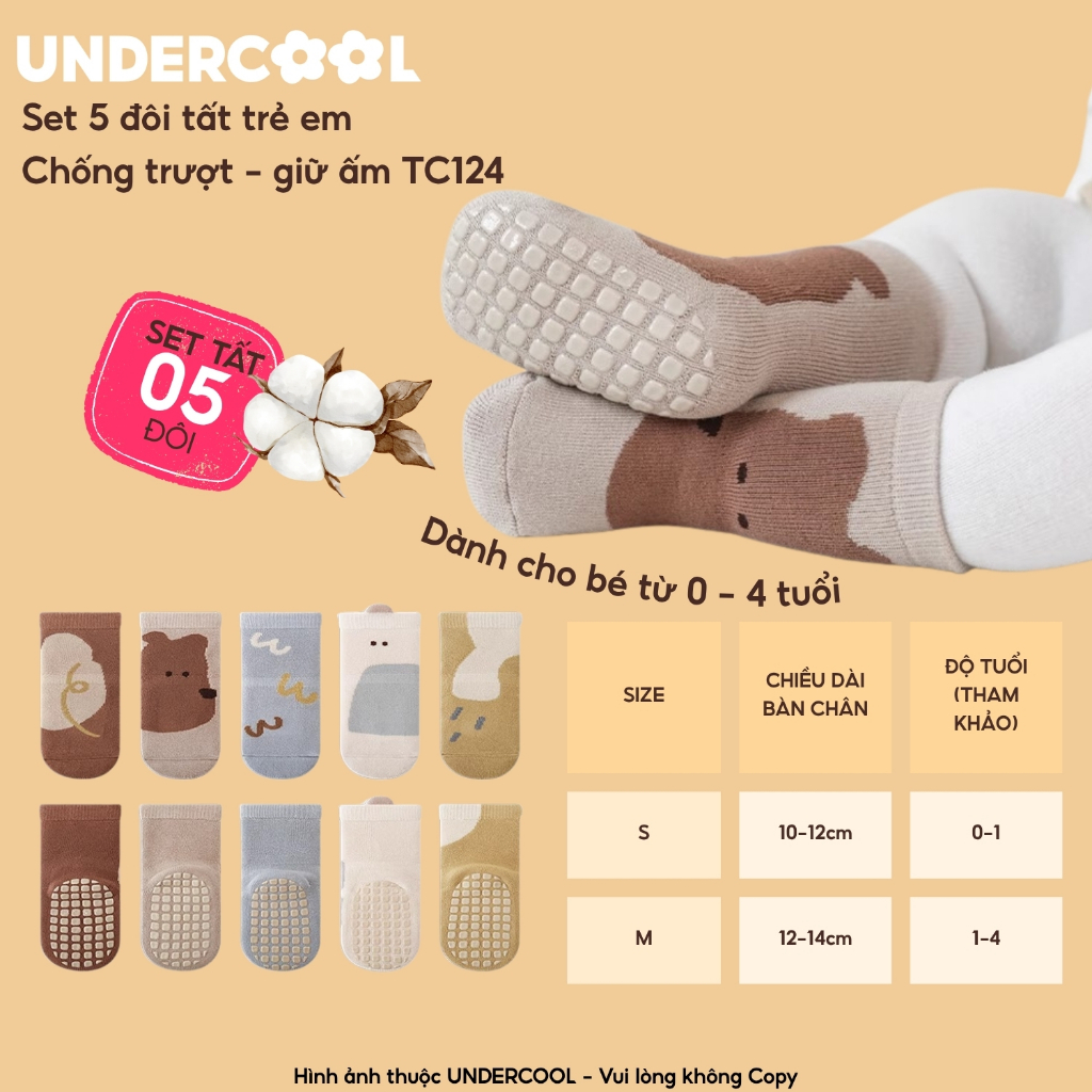 Set 5 đôi tất chống trượt cho bé tập đi họa tiết gấu UNDERCOOL combo 5 đôi Vớ trẻ em 0-4 tuổi giữ ấm co giãn TC124