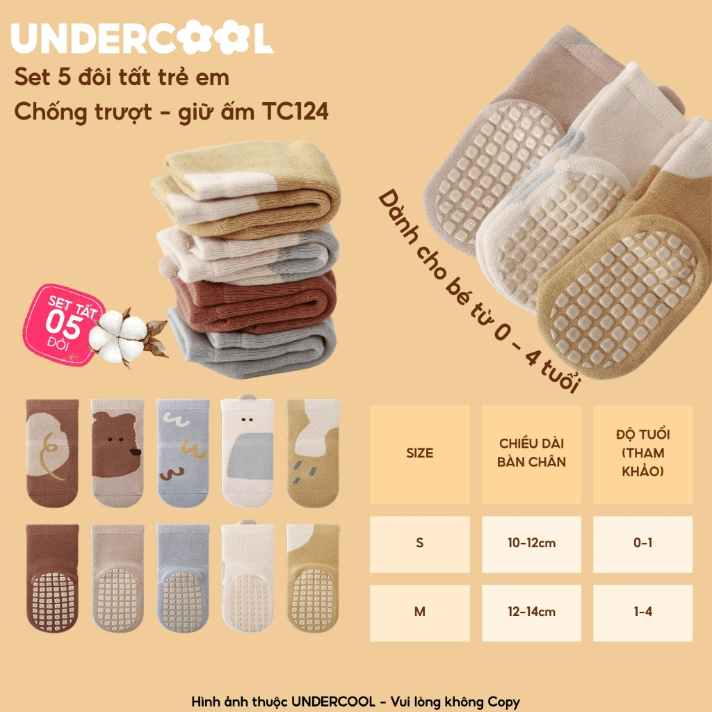 Set 5 đôi tất chống trượt cho bé tập đi họa tiết gấu UNDERCOOL combo 5 đôi Vớ trẻ em 0-4 tuổi giữ ấm co giãn TC124