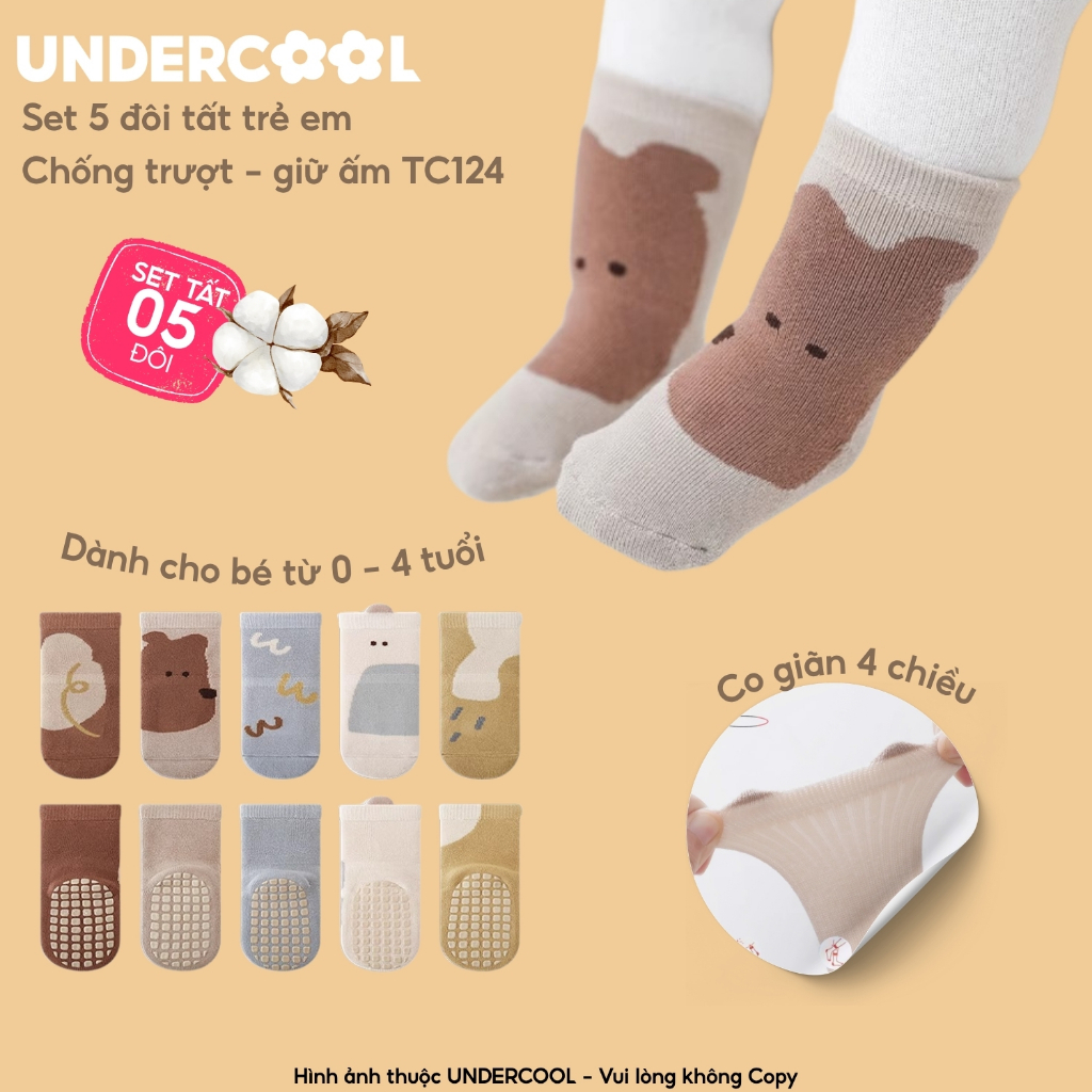 Set 5 đôi tất chống trượt cho bé tập đi họa tiết gấu UNDERCOOL combo 5 đôi Vớ trẻ em 0-4 tuổi giữ ấm co giãn TC124