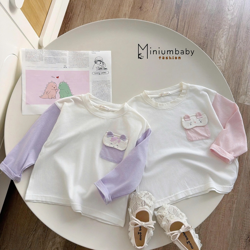 Áo dài tay bé gái Miniumbaby may túi mèo mix quần dài tai thỏ điệu đà, chất vải cotton mềm mại A2503