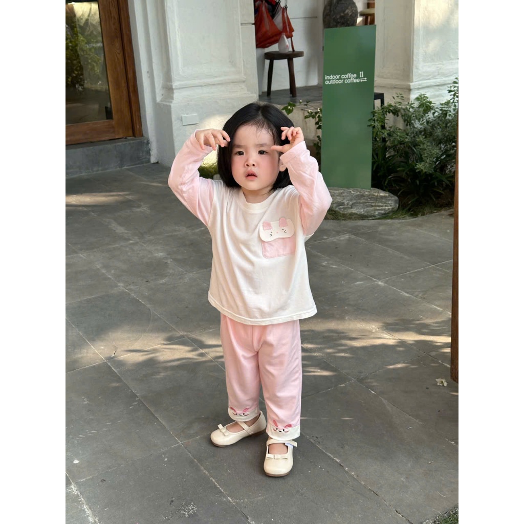 Áo dài tay bé gái Miniumbaby may túi mèo mix quần dài tai thỏ điệu đà, chất vải cotton mềm mại A2503