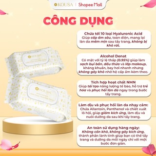 Khăn ướt tẩy trang NMN KOUSA sạch sâu cấp ẩm với 10 loại HA và hỗ trơ dưỡng sáng da