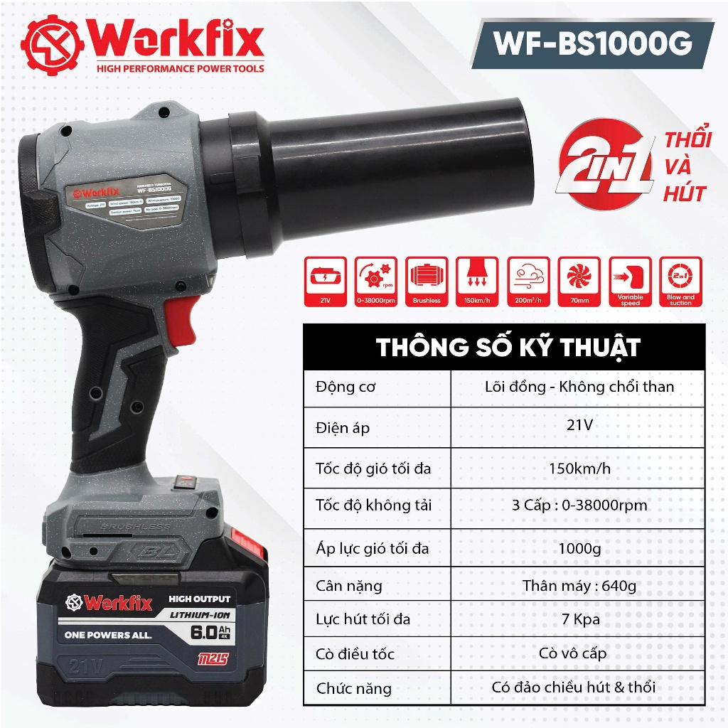Máy Thổi Phản Lực Kèm Hút Bụi WORKFIX WF-PL1000G, Áp Lực Gió 1000g, 3 Cấp Tốc Độ - Chân Phổ Thông
