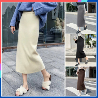 Chân váy len lông thỏ dáng dài bút chì xẻ sau ôm body co giãn tôn dáng phong cách thu đông mặc ở nhà đi làm đi sau