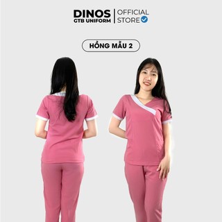Đồng Phục Spa Đẹp Dinos Vải Cotton Lụa Cổ Tim Hoặc Cổ Phối Cho Nữ - Màu Hồng