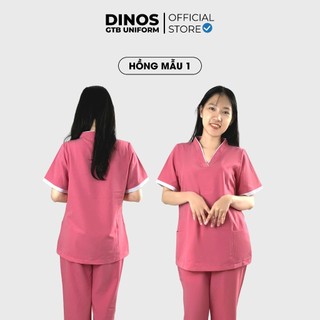 Đồng Phục Spa Đẹp Dinos Vải Cotton Lụa Cổ Tim Hoặc Cổ Phối Cho Nữ - Màu Hồng