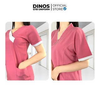Đồng Phục Spa Đẹp Dinos Vải Cotton Lụa Cổ Tim Hoặc Cổ Phối Cho Nữ - Màu Hồng