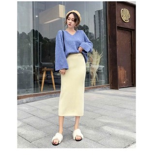 Chân váy len lông thỏ dáng dài bút chì xẻ sau ôm body co giãn tôn dáng phong cách thu đông mặc ở nhà đi làm đi sau