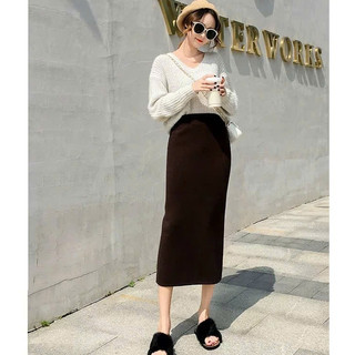 Chân váy len lông thỏ dáng dài bút chì xẻ sau ôm body co giãn tôn dáng phong cách thu đông mặc ở nhà đi làm đi sau