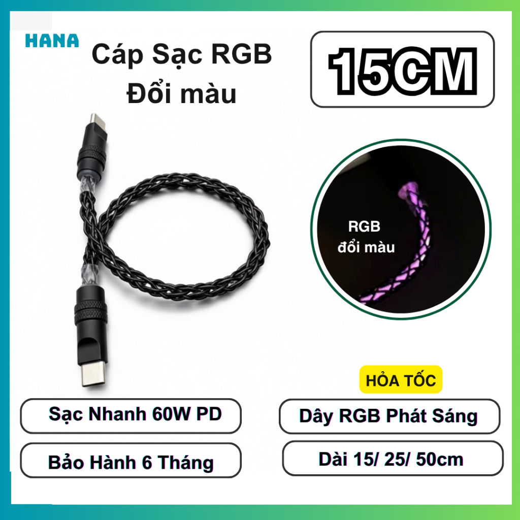 Cáp Sạc Ngắn 65W - 15cm, 25cm, 50cm - Dây RGB Phát Sáng - CarPlay - Truyền Dữ Liệu 480Mpbs
