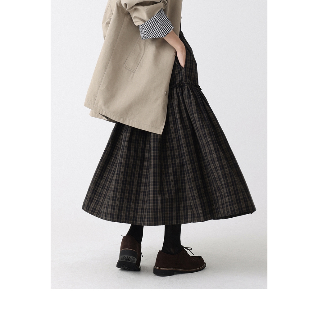 [KH16] Chân Váy Dài Caro Nâu Đen Dáng Tầng Phồng Phong Cách Vintage Thanh Lịch | KHAO BOUTIQUE