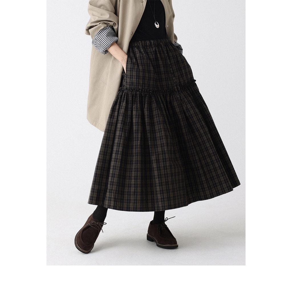 [KH16] Chân Váy Dài Caro Nâu Đen Dáng Tầng Phồng Phong Cách Vintage Thanh Lịch | KHAO BOUTIQUE