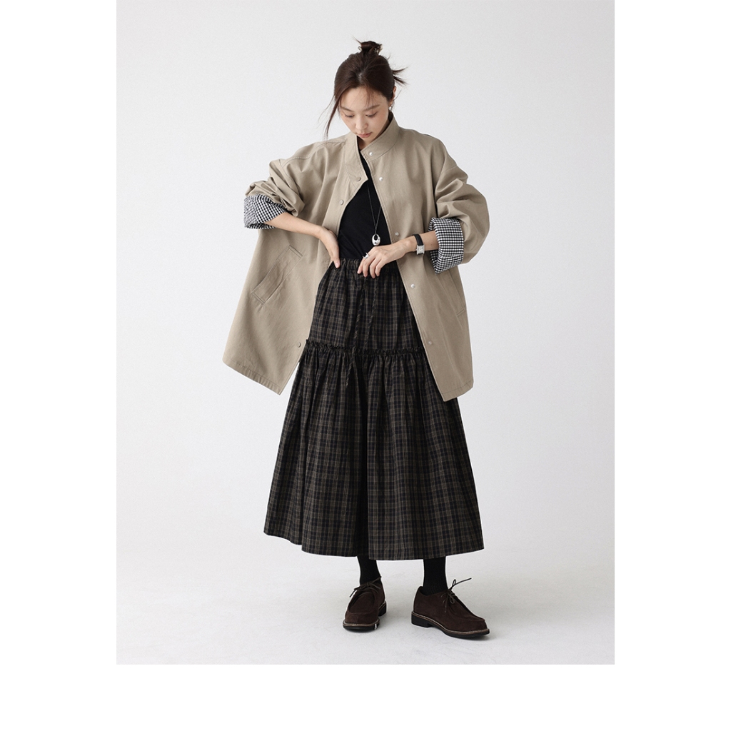 [KH16] Chân Váy Dài Caro Nâu Đen Dáng Tầng Phồng Phong Cách Vintage Thanh Lịch | KHAO BOUTIQUE