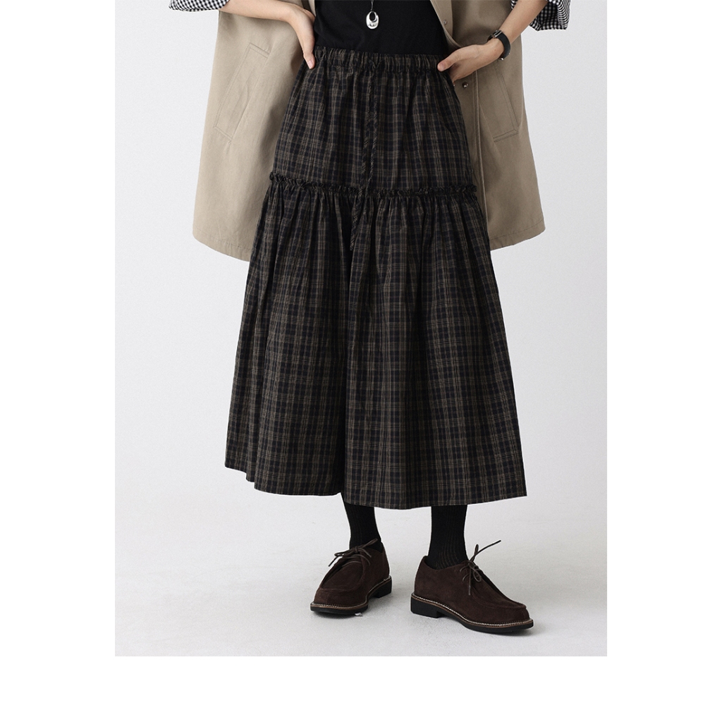 [KH16] Chân Váy Dài Caro Nâu Đen Dáng Tầng Phồng Phong Cách Vintage Thanh Lịch | KHAO BOUTIQUE