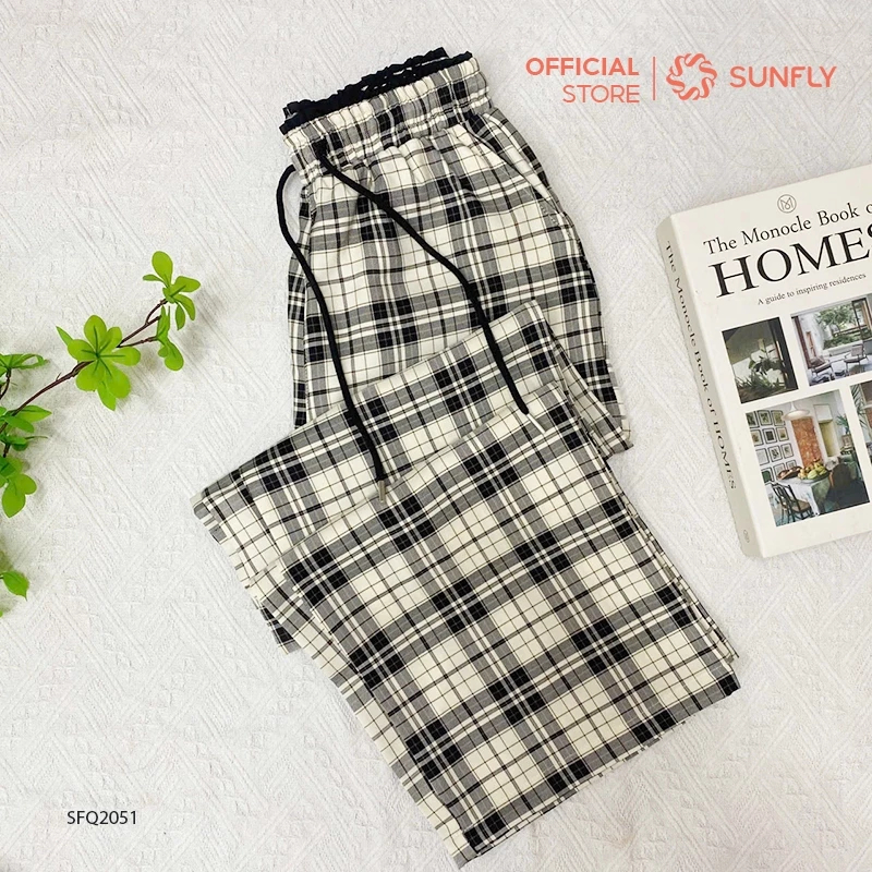 SFQ2051 Quần nữ kate kẻ dáng suông dài thoải mái SUNFLY