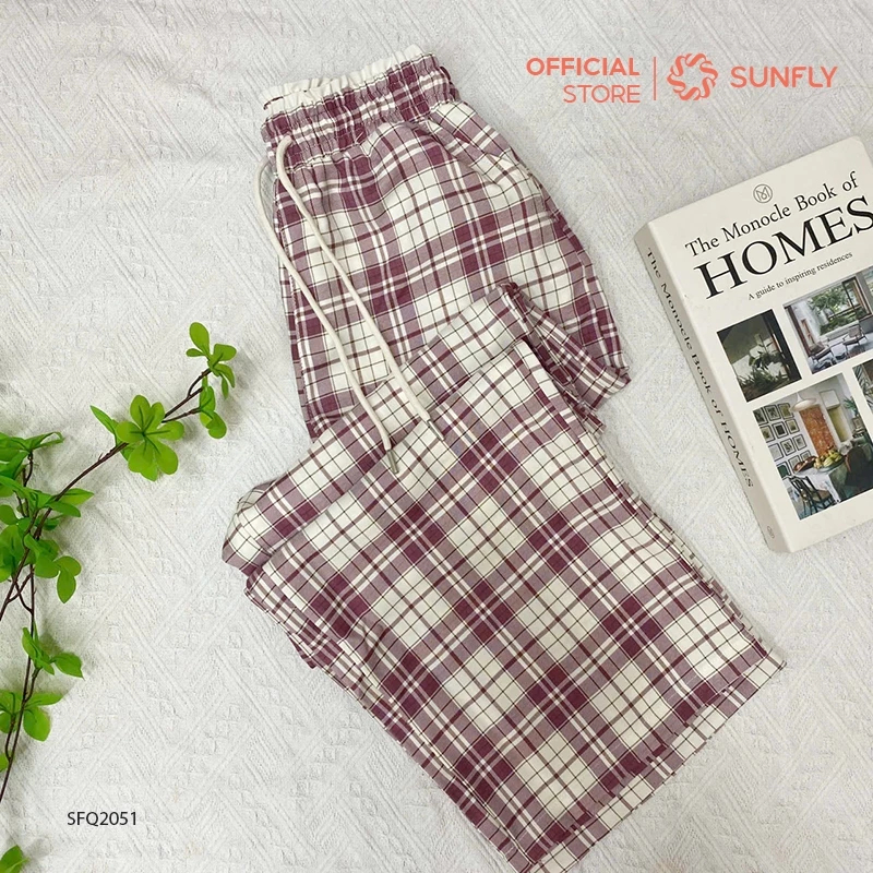 SFQ2051 Quần nữ kate kẻ dáng suông dài thoải mái SUNFLY
