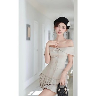 Set vest nữ trễ vai phối váy ngắn xếp tầng – Outfit thời trang nữ đẹp hb.studio S45