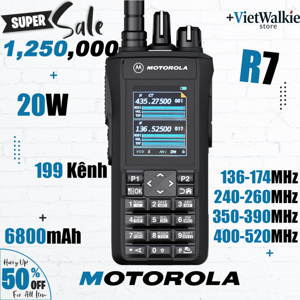 Bộ đàm Motorola R7 136-520MHz Chống Nước khoảng cách 20km băng tần kép ...