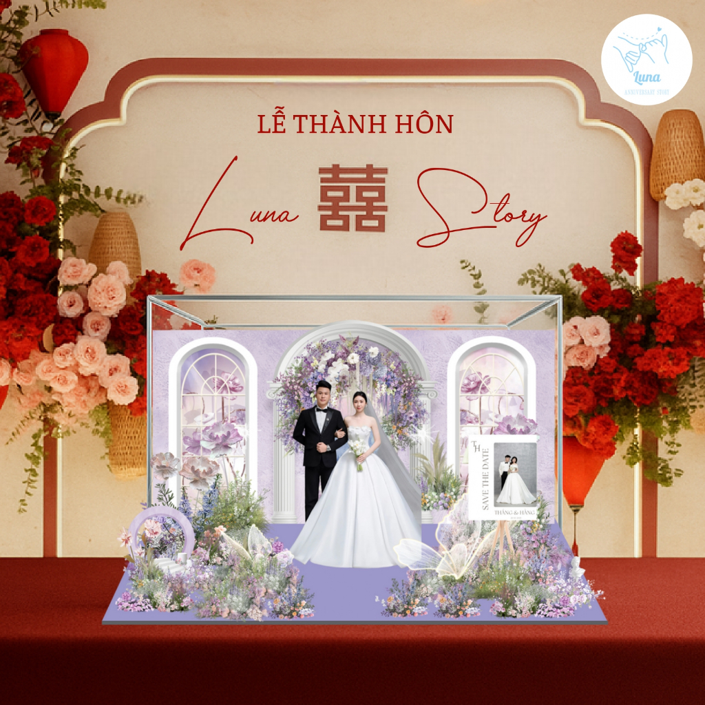 Standee Đám Cưới - Mô Hình Cưới 3D Sang Trọng Trang Trí, Decor Phòng, Để Bàn (Tone Tím)