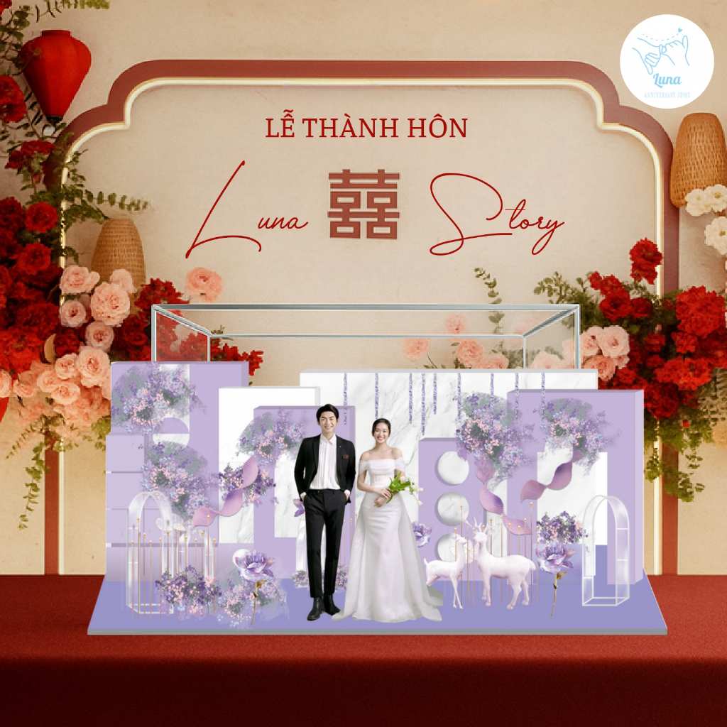 Standee Đám Cưới - Mô Hình Cưới 3D Sang Trọng Trang Trí, Decor Phòng, Để Bàn (Tone Tím)